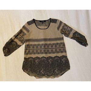 Coupe Collection Women's Tan/Black Lace Embroidered Roll Tab Sleeve Blouse M